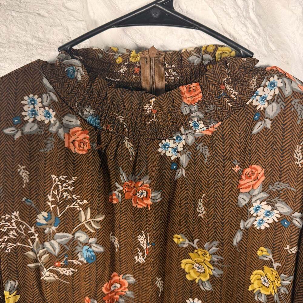 Vintage Retro Cottage Style Floral Ruffle Hem Long Sleeve Midi Dress Size M - Picture 4 of 7